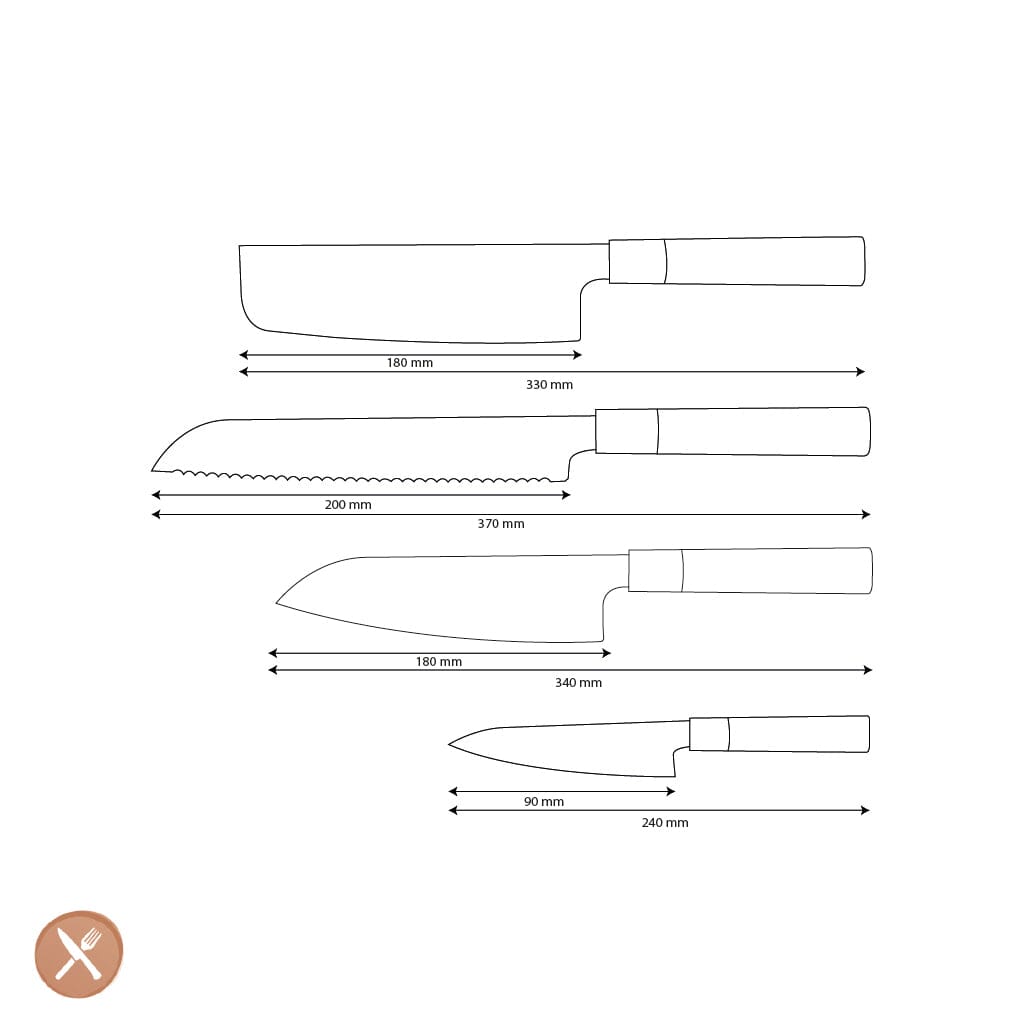 Couteaux Shinrai - Ensemble de couteaux Damas 4 pièces Takumi Kaza - Santoku + Couteau à pain + Nakiri + Couteau d'office Ensemble de couteaux Couteaux Shinrai